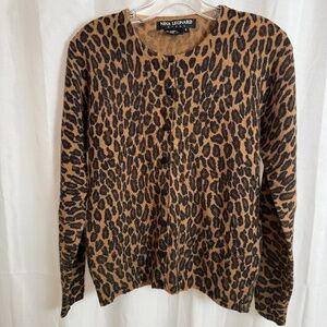 Nina Leonard Leopard Animal Print Cardigan Sweater  Size Small Wool Angora Blend